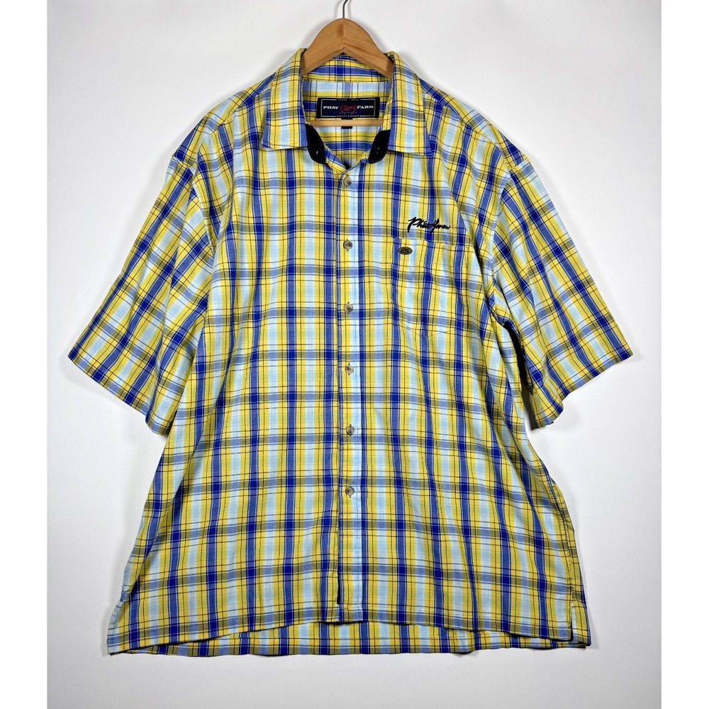 Phat Farm Button Front Shirt Mens 3XL Yellow‎ Blue Plaid Y2K Hip Hop Streetwear